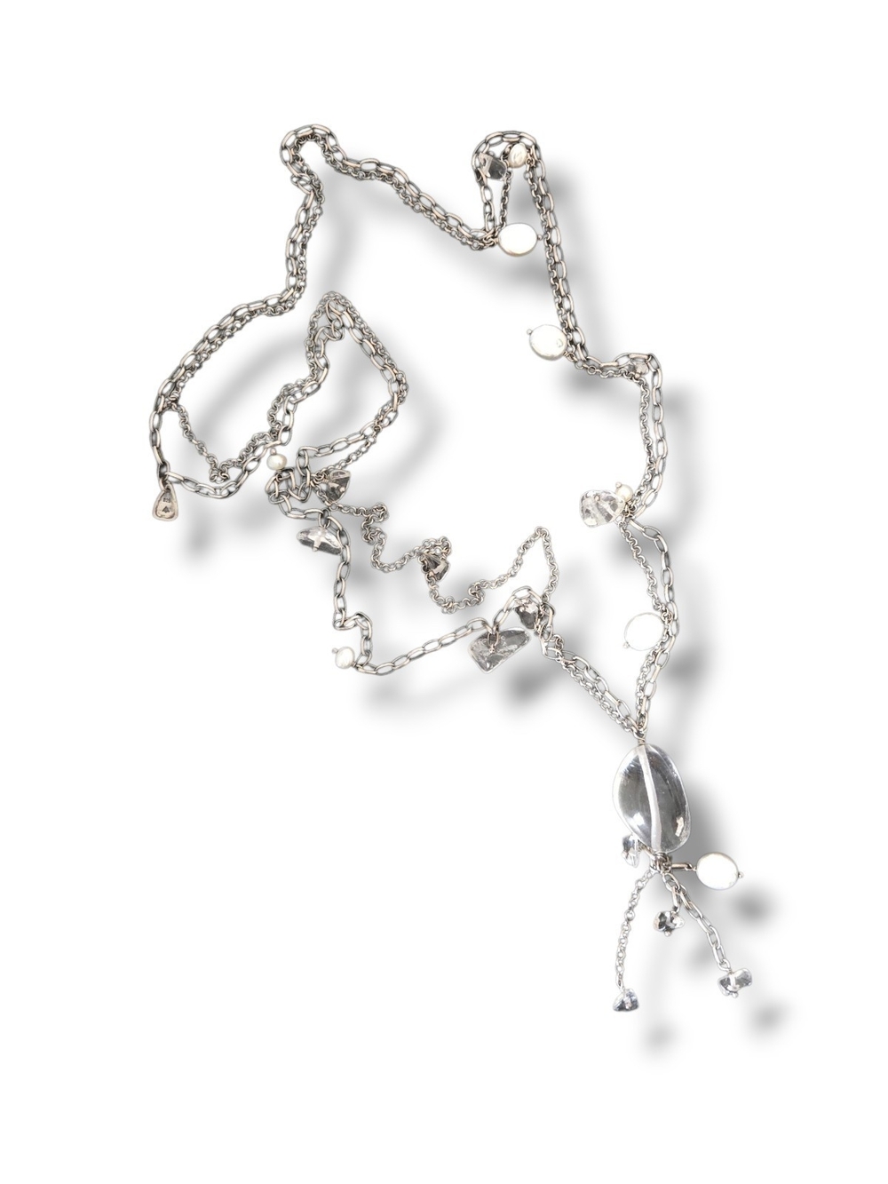 Silpada N1492 Silver Multi-Chain Lariat Necklace w Pearl + Glass Bead Accents
